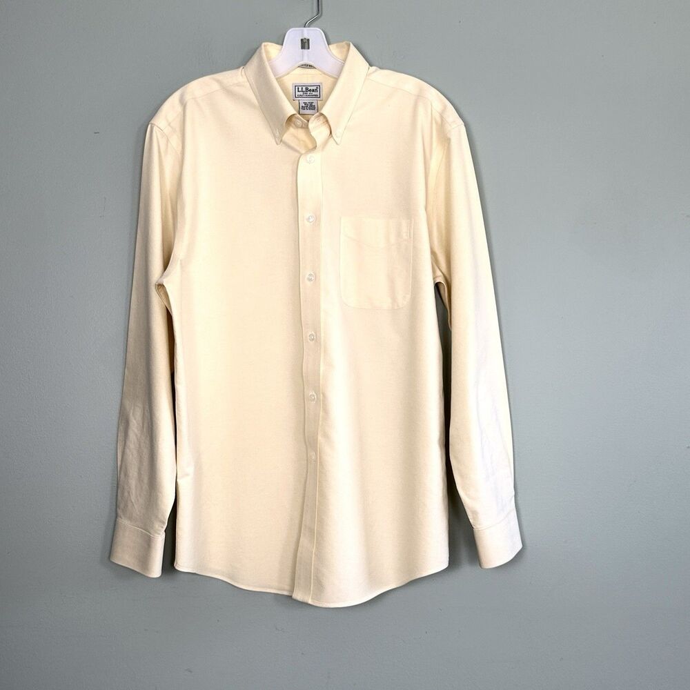 LL BEAN Button Down Shirt Mens 15.5 33 Yellow Cotton Wrinkle Resistant Button Up